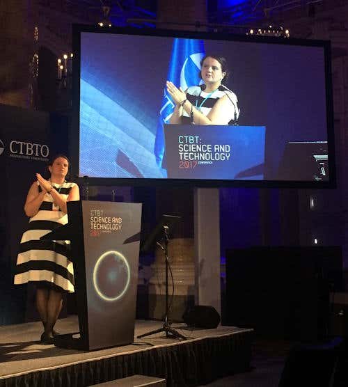 Jenny from AWE speaking at a conference related to the Comprehensive Test Ban Treaty