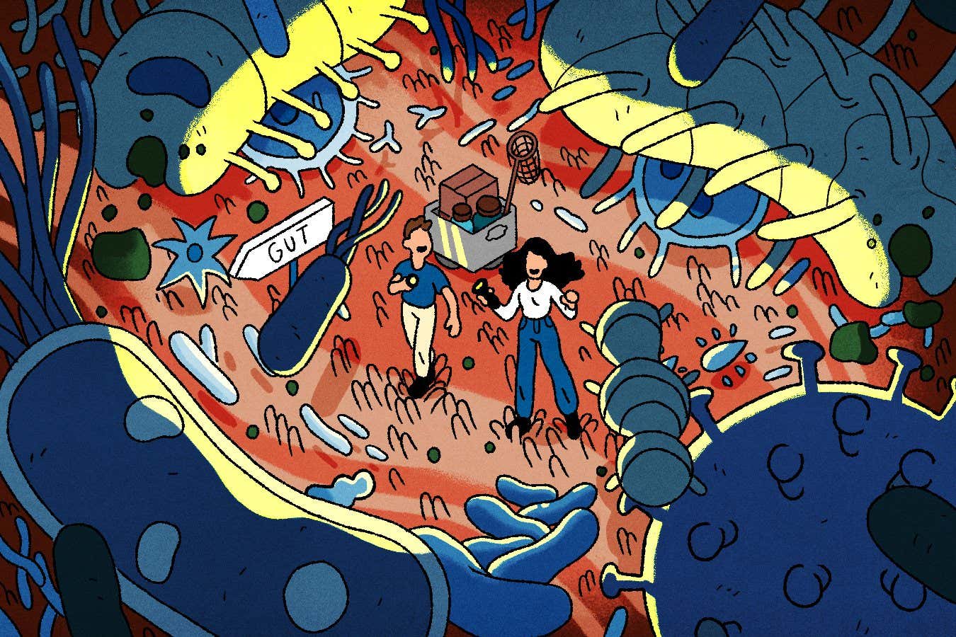 Cartoon-style illustration imagines two people in the small intestine, surrounded by microbes