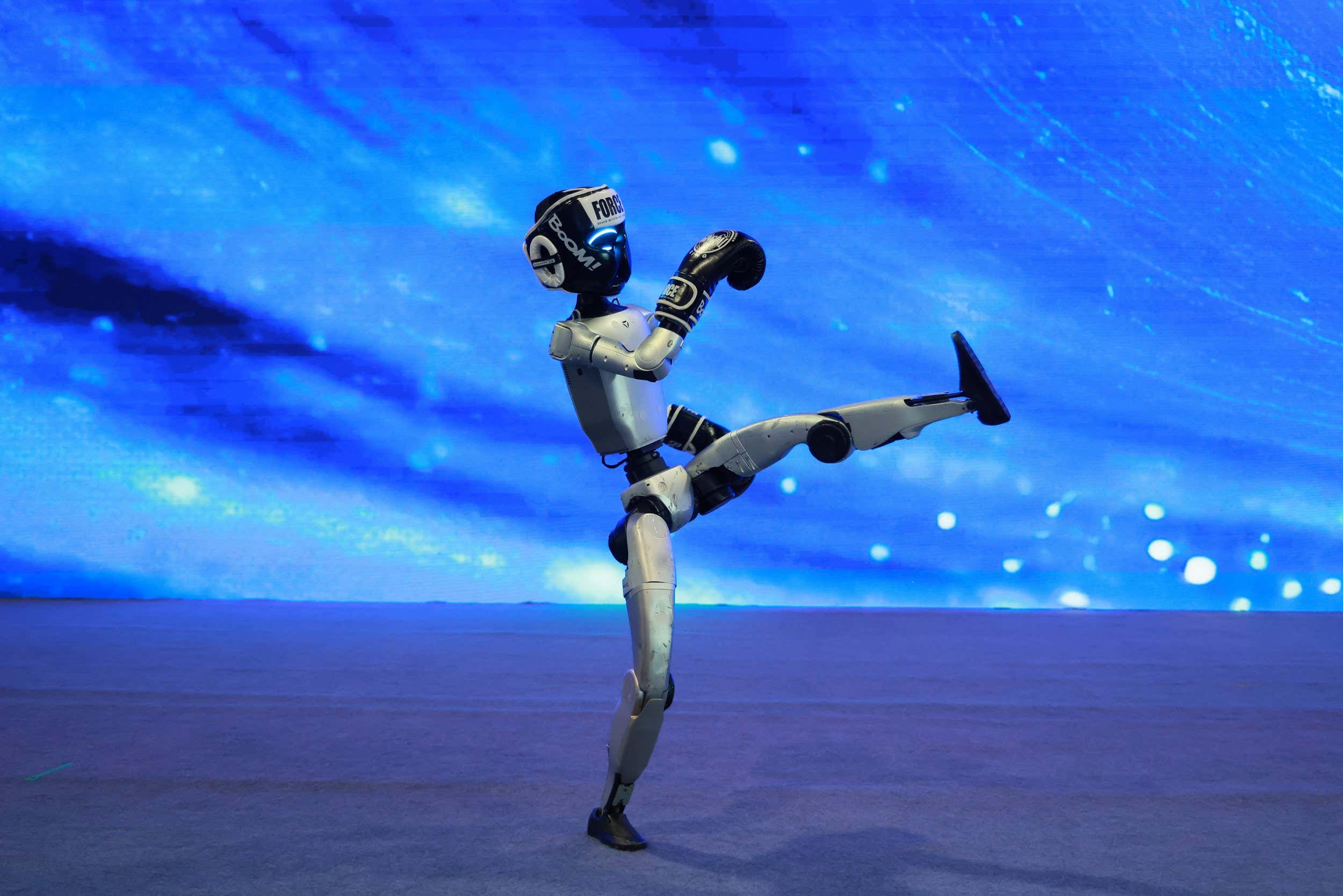 BEIJING, CHINA - JUNE 06: A boxing robot makes appearance at the opening ceremony of the 7th Beijing Academy of Artificial Intelligence (BAAI) Conference on June 6, 2025 in Beijing, China. (Photo by VCG/VCG via Getty Images)
