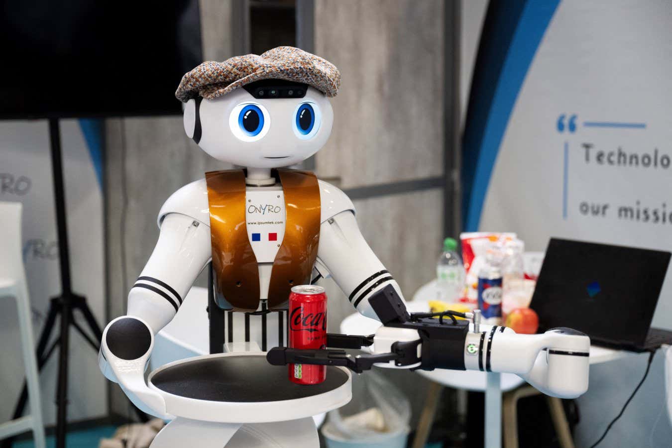 The waiter robot ONYRO of the Ipsum Tek French company is displayed during the 8th edition of the Vivatech technology startups and innovation fair, at the Porte de Versailles exhibition center in Paris, on May 23, 2024. (Photo by MIGUEL MEDINA / AFP) (Photo by MIGUEL MEDINA/AFP via Getty Images)