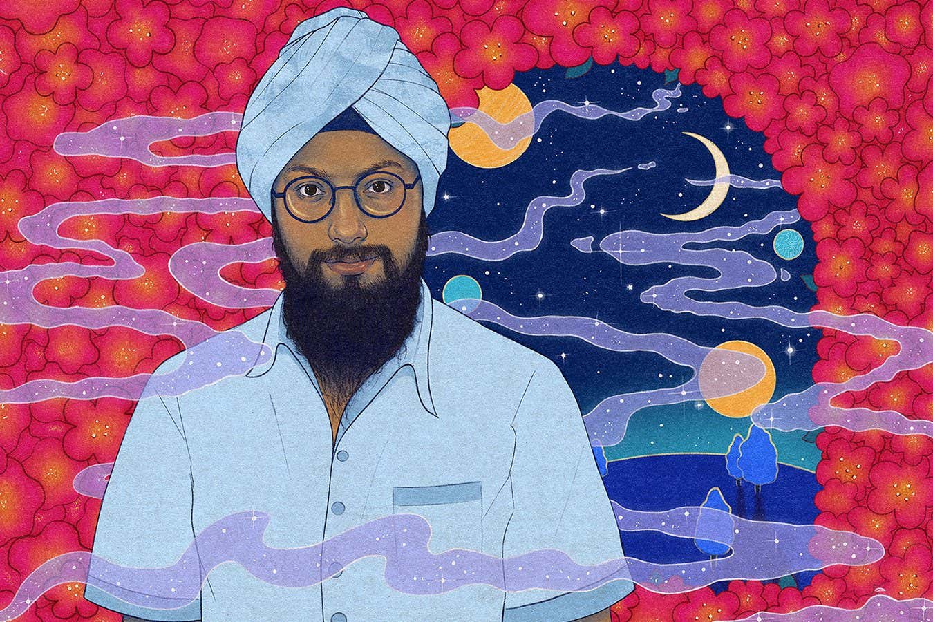 Illustration of anthropologist Manvir Singh, against a background with flowers, planets, stars, and the moon
