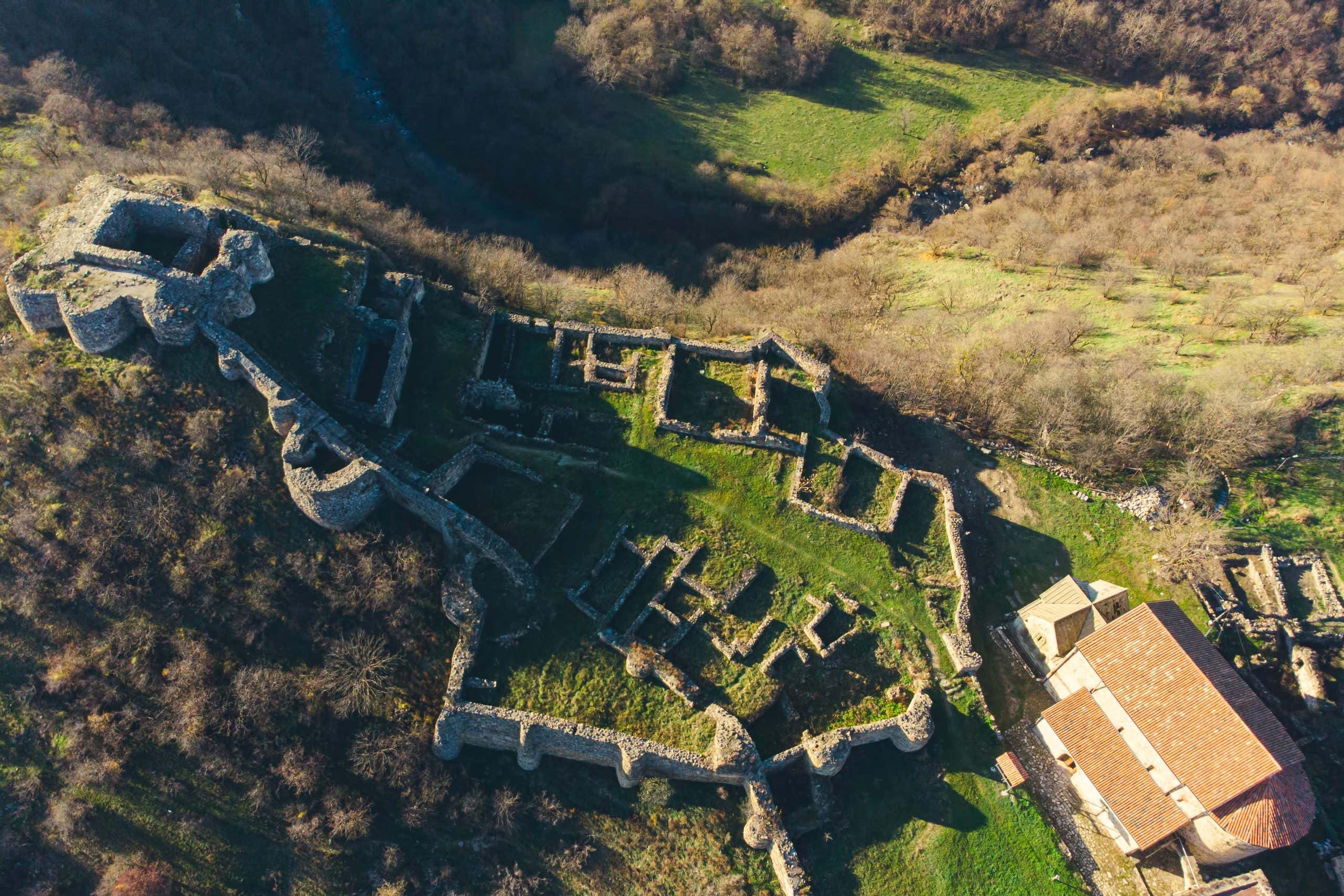 Dmanisi aerial view, medieval town with its Citadel. Georgia